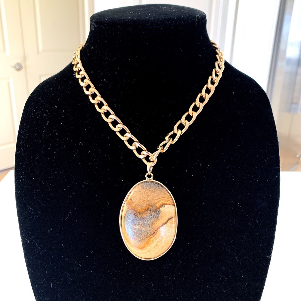 Handmade Wide Gold Plated Chain Brown Oval Jasper Pendant Necklace